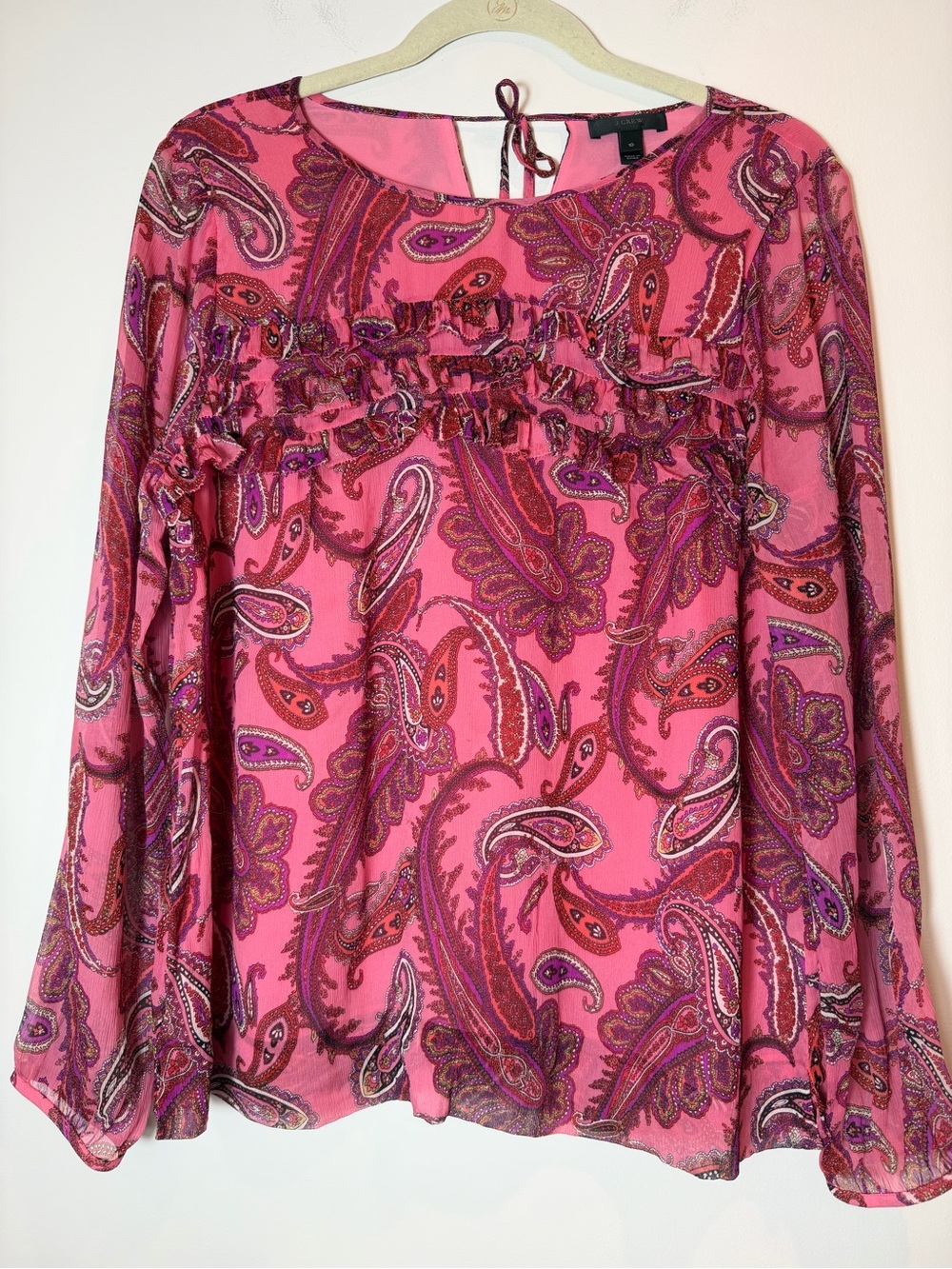 J.Crew Vibrant Pink Paisley Ruffle Front 100% Silk Chiffon Blouse Top Size 10